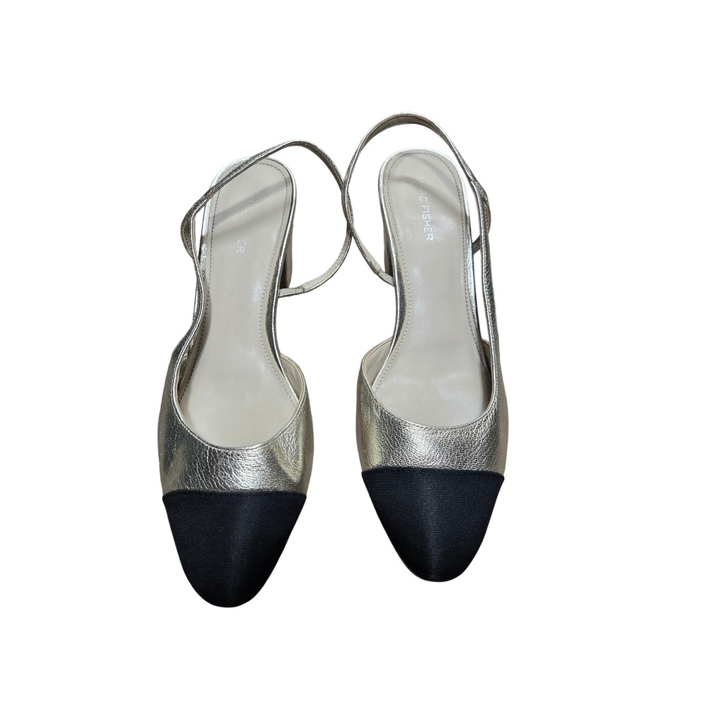 Marc‎ Fisher MFLAYNIE Gold Metallic Leather Black Cap Toe Slingback Heels 10M